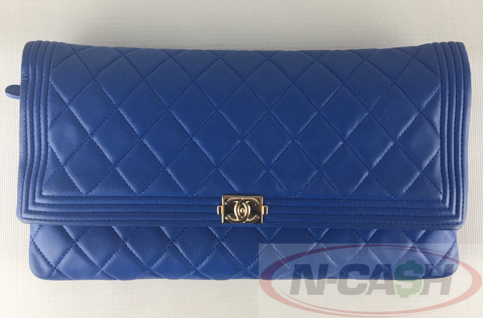 Chanel Boy Quilted Blue Lambskin Folded Clutch Bag | N-Cash