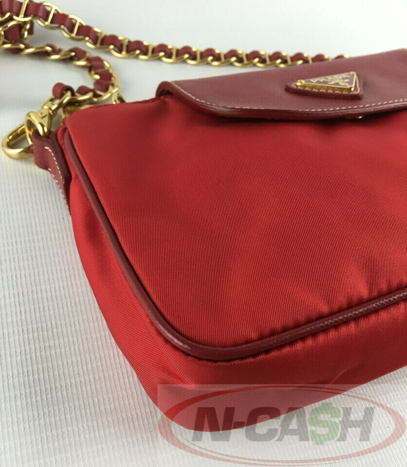 Auth PRADA Logo Crossbody Shoulder Bag Rosso Red Nylon Leather Trim BT0773