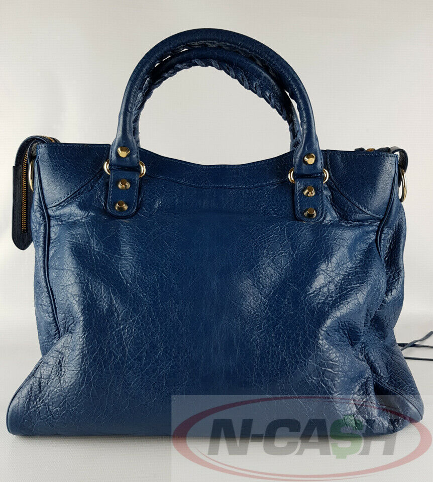 BALENCIAGA Velo Blue Distressed Lambskin Leather Handbag