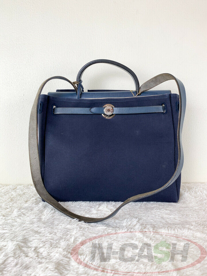 HERMES Handbag Herbag PM Towar Officier/leather Navy Navy □FCarved sea –