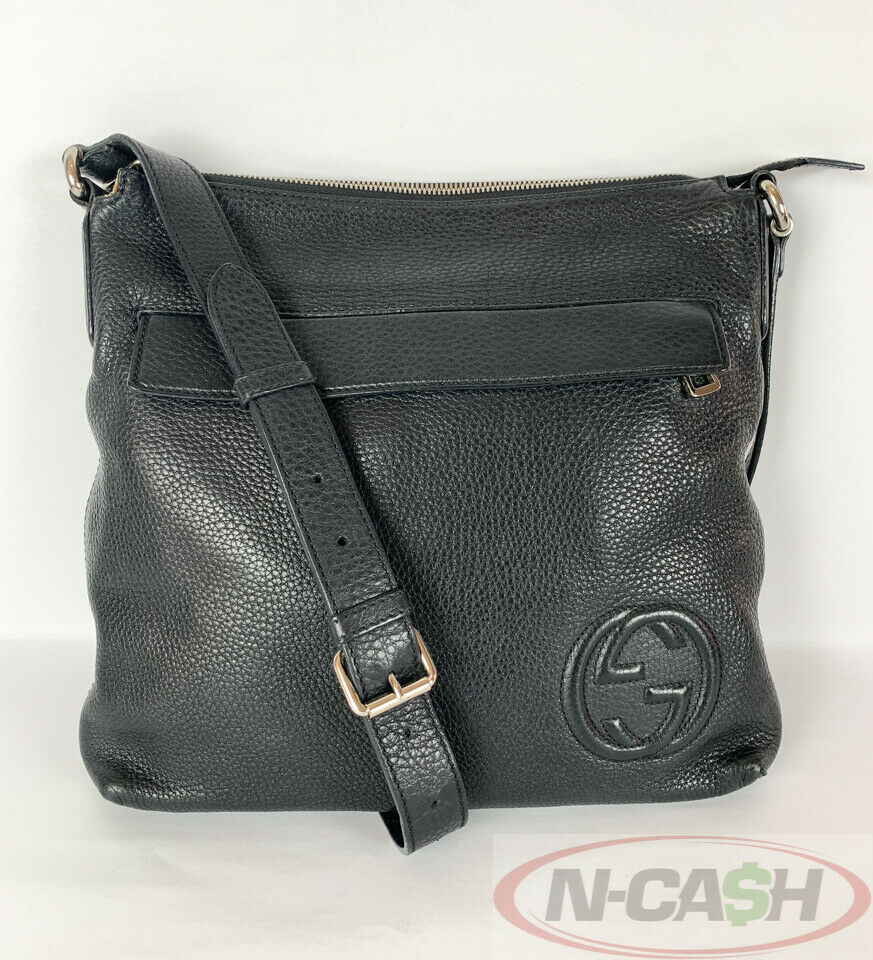 Gucci GG Logo Black Pebbled Leather Crossbody Bag N Cash