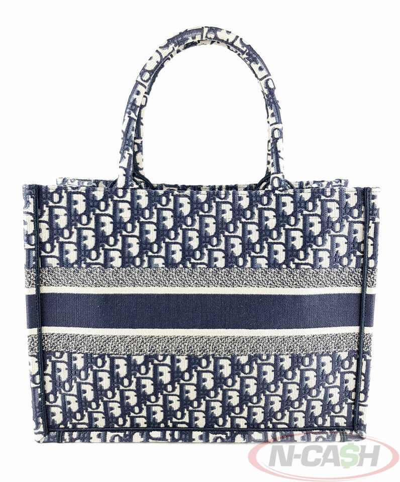 Dior Navy Oblique Book Logo Canvas Medium Tote Bag | N-Cash