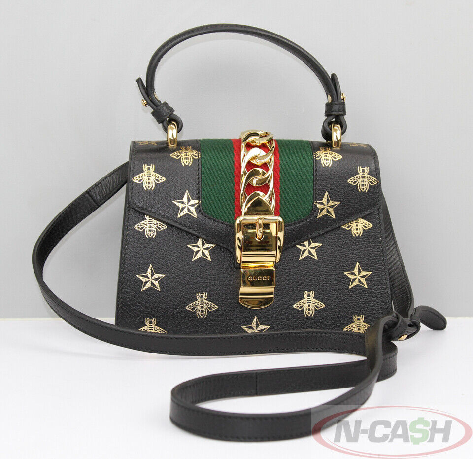 Auth Gucci Sylvie bee and star Crossbody Shoulder Bag Black/Gold