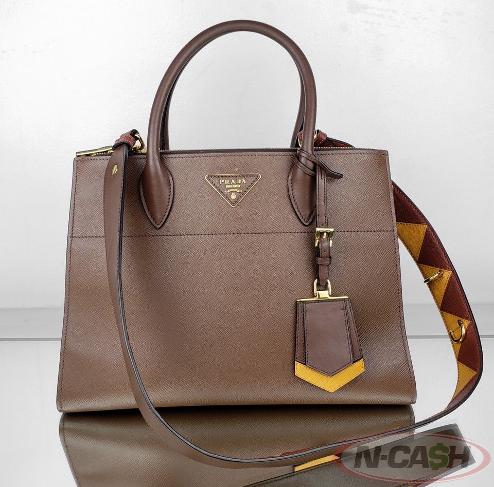 Prada Paradigme BrownYellow Saffiano City Calfskin Leather Tote Bag | N ...