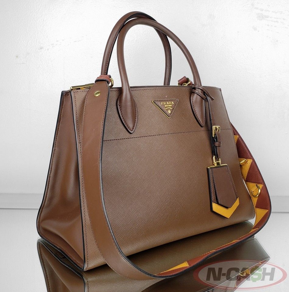 Prada Paradigme BrownYellow Saffiano City Calfskin Leather Tote Bag | N ...